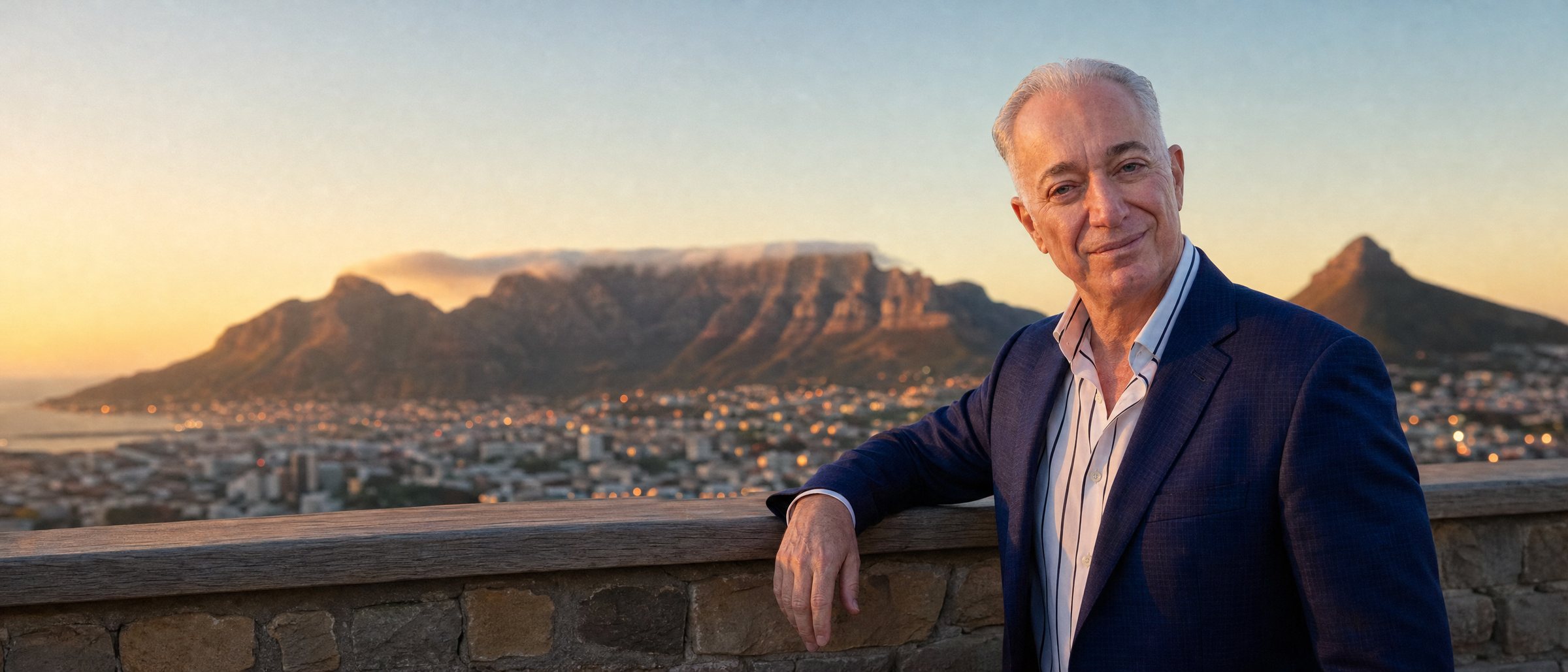 Meir Ezra on a terrace above Cape Town, Table Mountain behind him